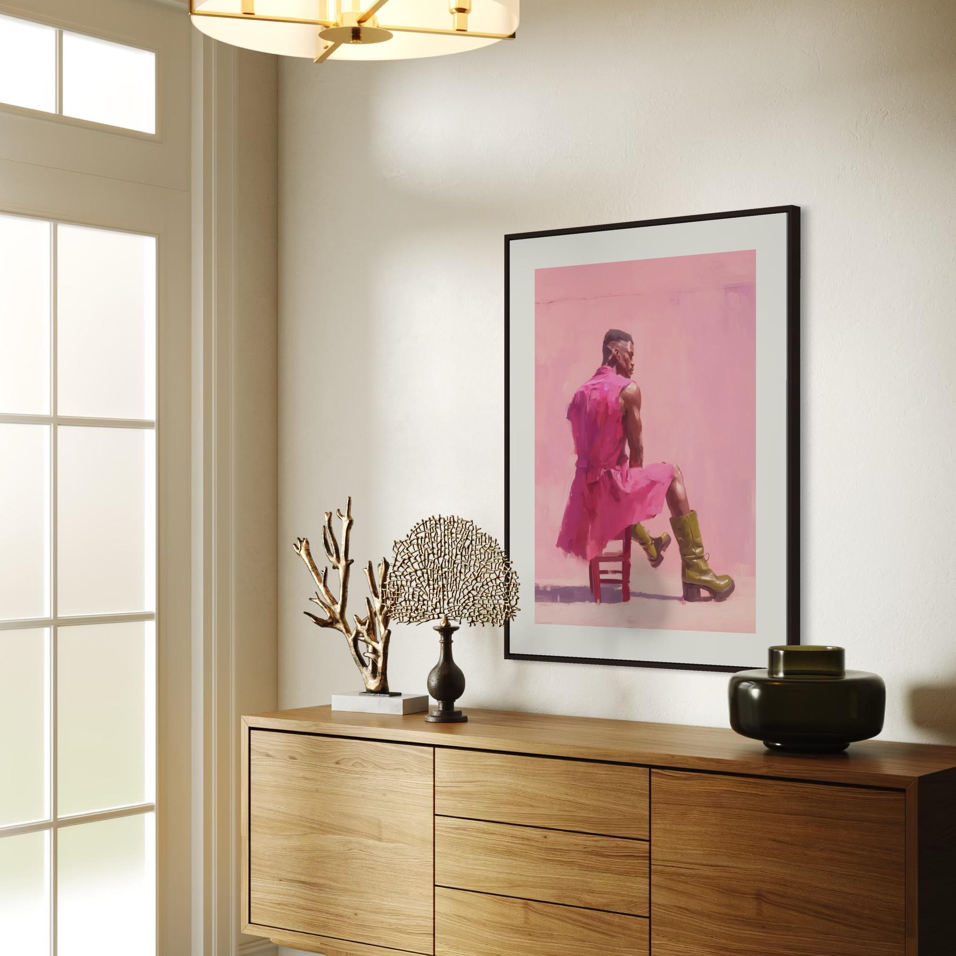 Off Duty – Queer Art Print | Pink Oil Painting of Life Model in Boots | Gay Wall Art, Soft Masculinity – Unframed Matte Poster