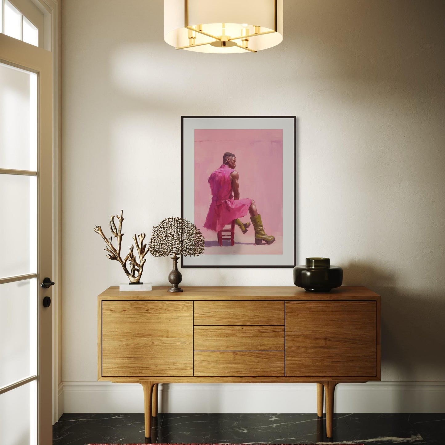 Off Duty – Queer Art Print | Pink Oil Painting of Life Model in Boots | Gay Wall Art, Soft Masculinity – Unframed Matte Poster