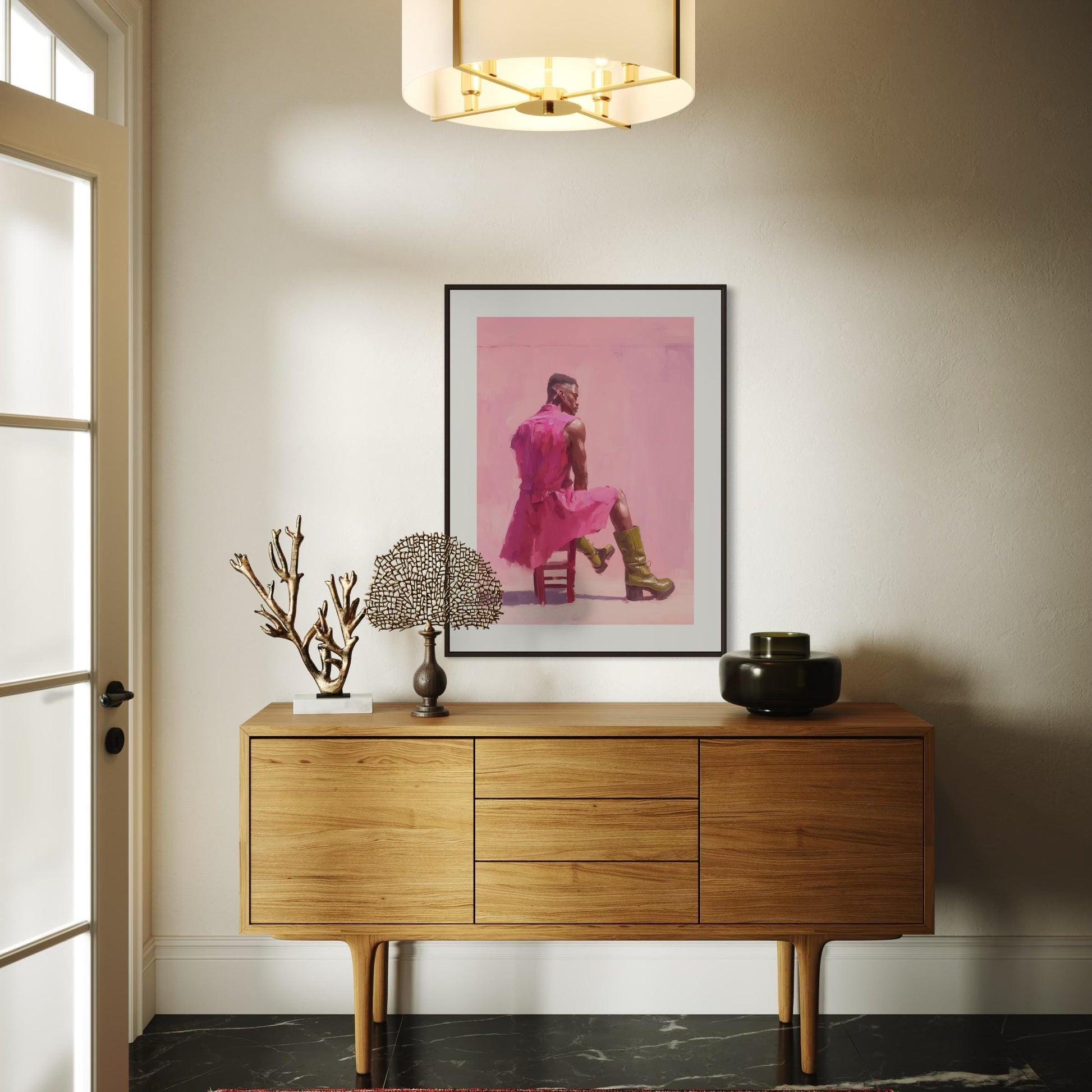Off Duty – Queer Art Print | Pink Oil Painting of Life Model in Boots | Gay Wall Art, Soft Masculinity – Unframed Matte Poster