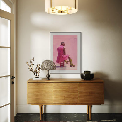 Off Duty – Queer Art Print | Pink Oil Painting of Life Model in Boots | Gay Wall Art, Soft Masculinity – Unframed Matte Poster