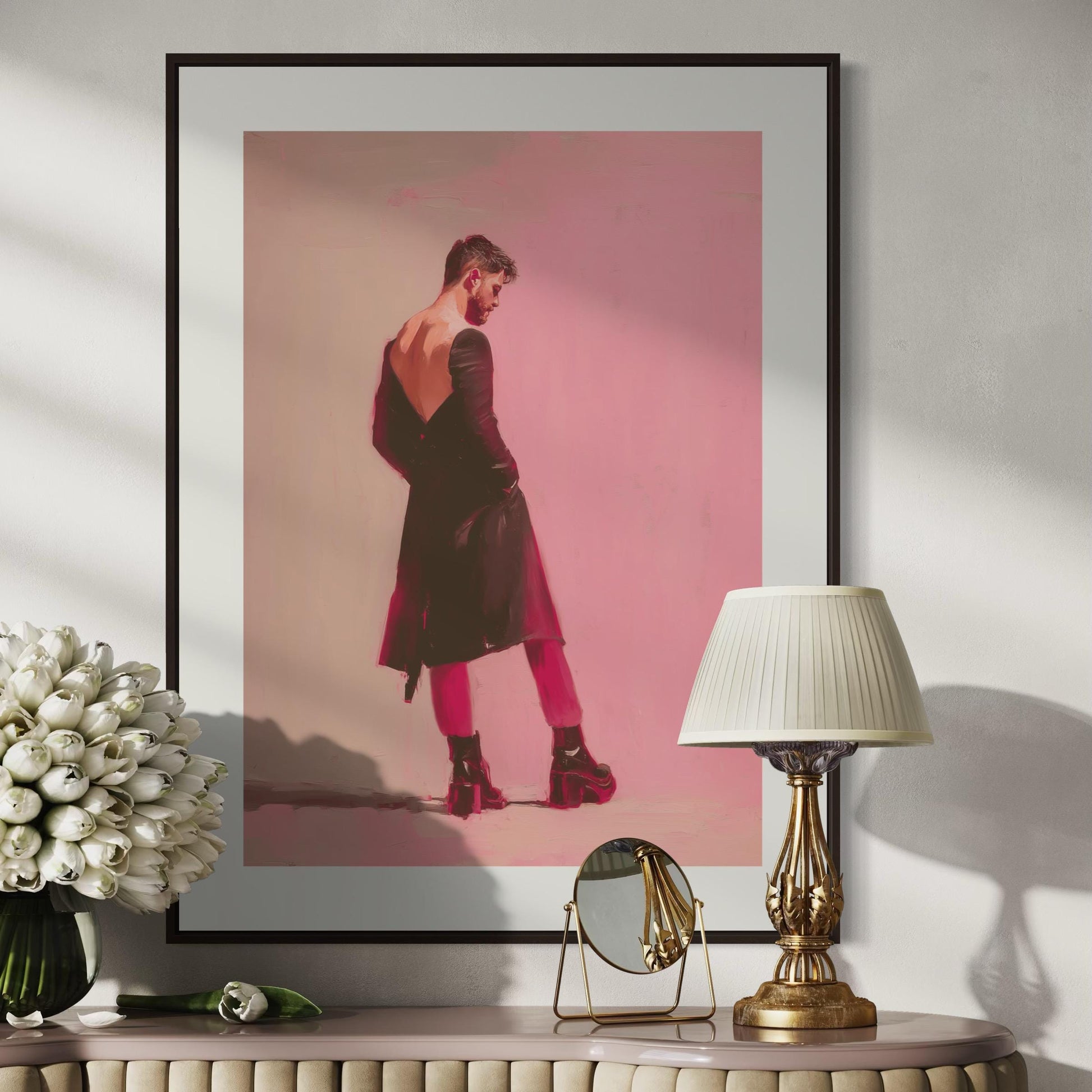 Standing Issue – Queer Art Print | Pink Platform Boots Oil Painting | Fashion-Forward Gay Wall Art – Unframed Matte LGBTQ+ Poster