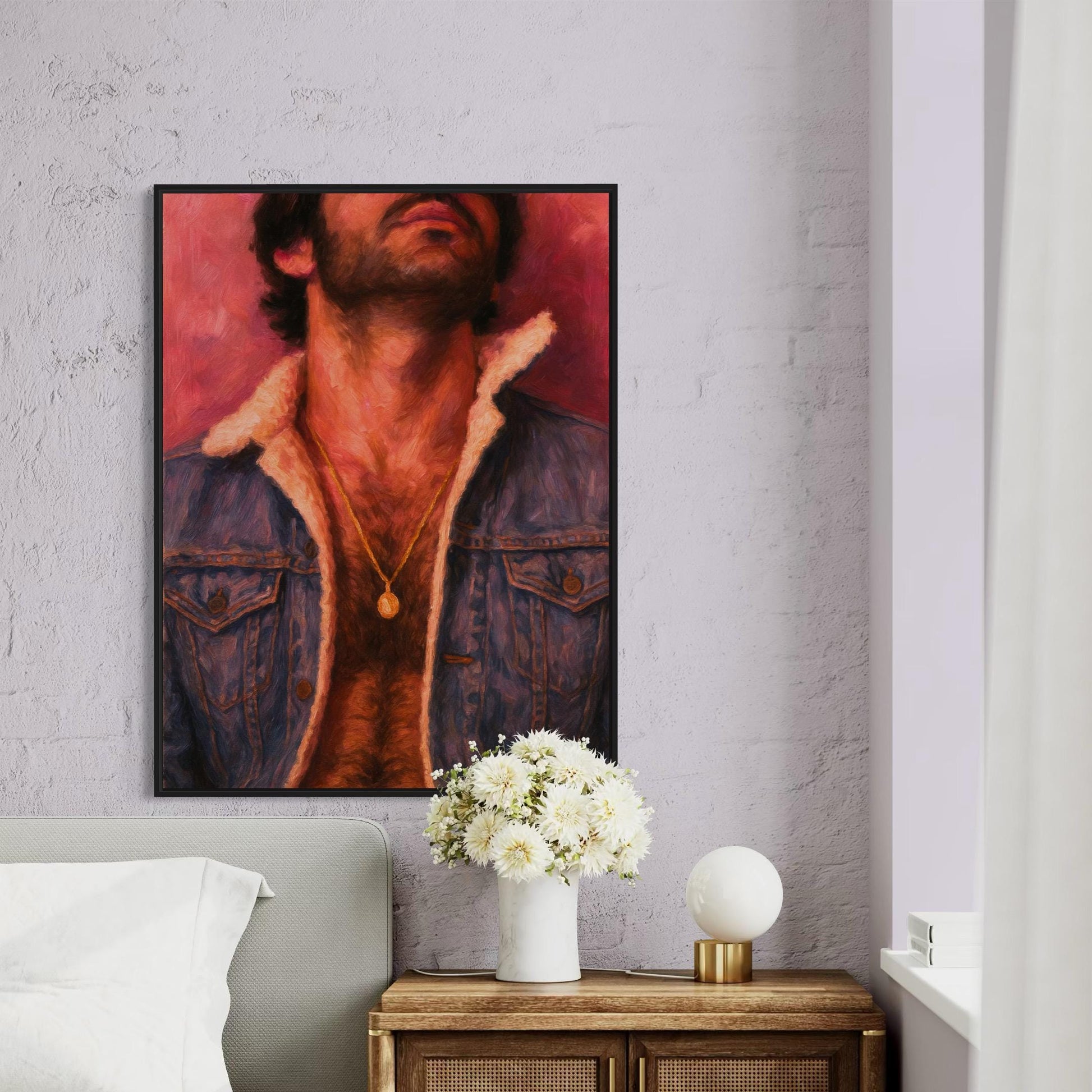 Denim Daddy - Queer Wall Art Print | Gay Oil Painting Style Portrait | Chest Hair Print | Erotic Vintage Gay Decor | LGBTQ Daddy Art Print