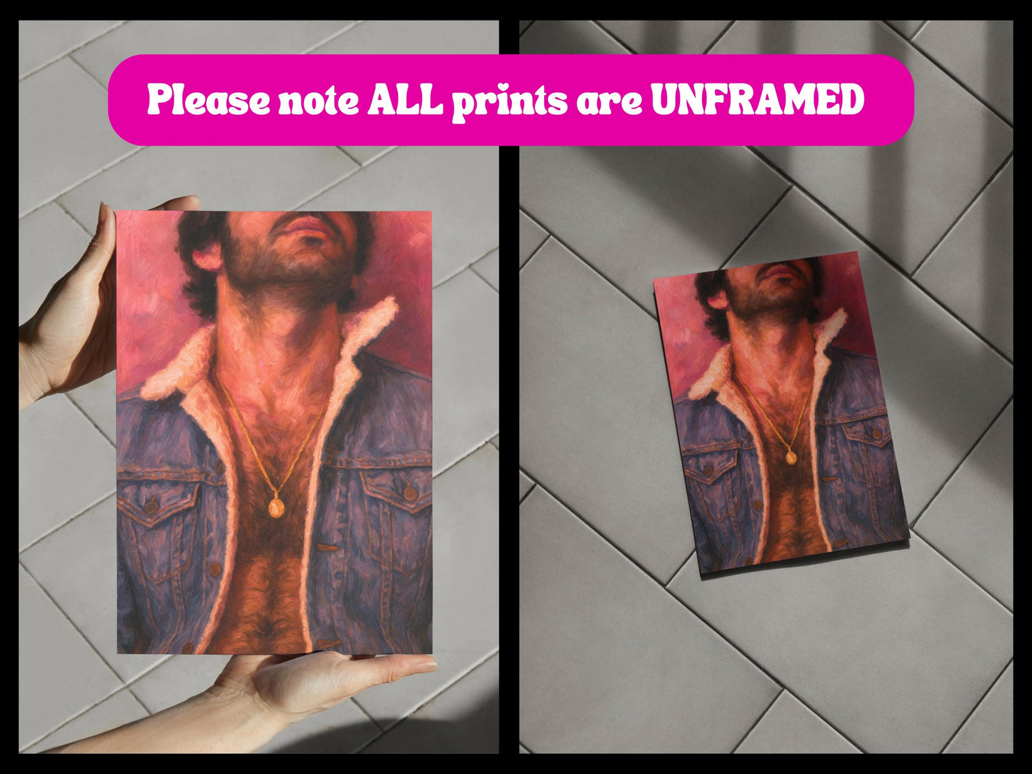 Denim Daddy - Queer Wall Art Print | Gay Oil Painting Style Portrait | Chest Hair Print | Erotic Vintage Gay Decor | LGBTQ Daddy Art Print