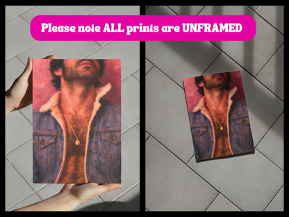 Denim Daddy - Queer Wall Art Print | Gay Oil Painting Style Portrait | Chest Hair Print | Erotic Vintage Gay Decor | LGBTQ Daddy Art Print