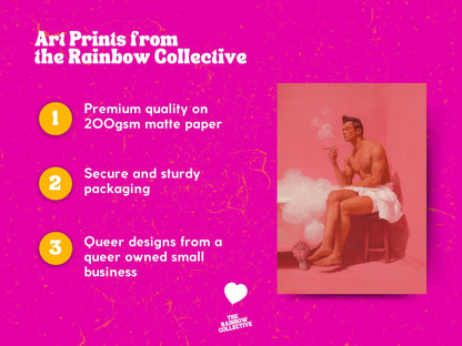 Smoking Hot Soak – Queer Wall Art Print | Oil Painting of Man in Towel with Cigarette | LGBTQ+ Home Decor – Unframed Matte Print