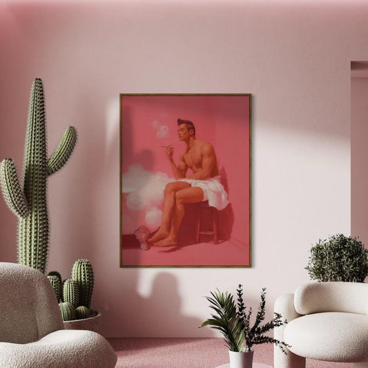 Smoking Hot Soak – Queer Wall Art Print | Oil Painting of Man in Towel with Cigarette | LGBTQ+ Home Decor – Unframed Matte Print