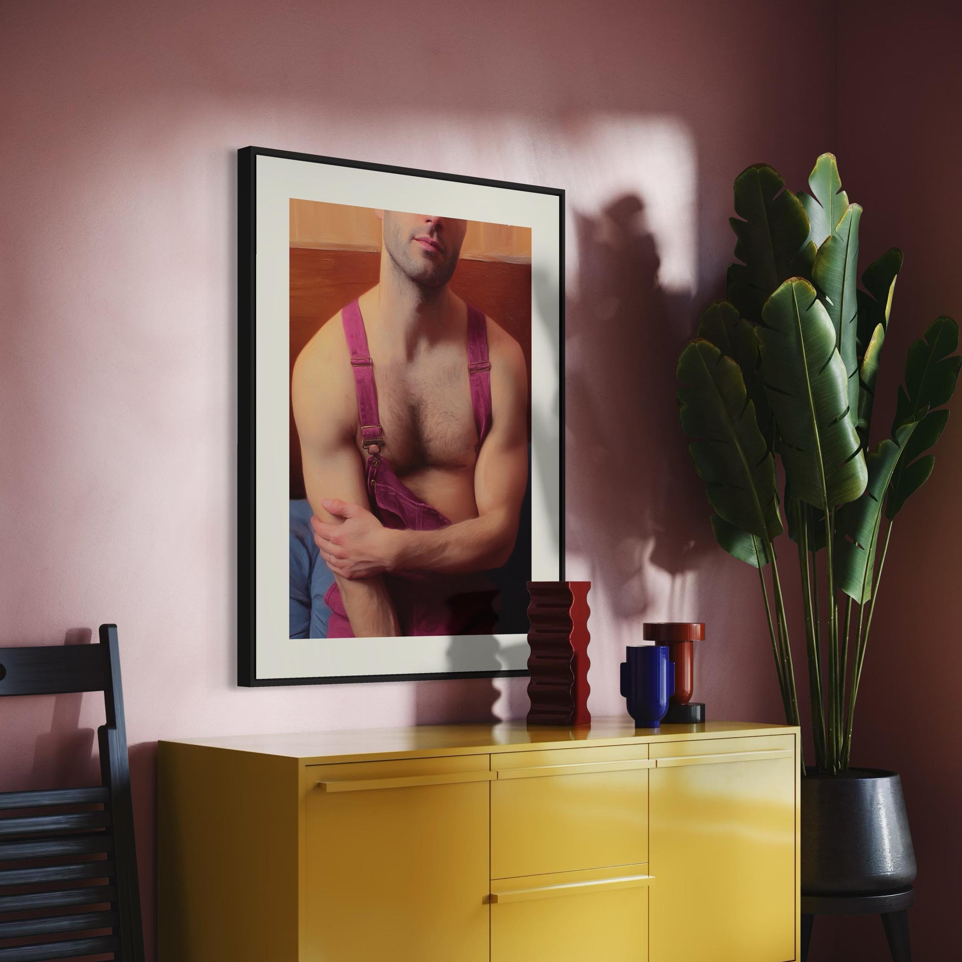 Pink Overalls, No Rules – Queer Wall Art Print | Gay Oil-Style Portrait, Unframed 200gsm Matte LGBTQ+ Decor | Soft Masculine Poster