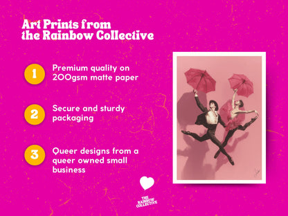 We Leap – Queer Ballet Art Print | Gay Dancers with Umbrellas Oil-Style Poster | Unframed 200gsm Matte LGBTQ+ Wall Decor
