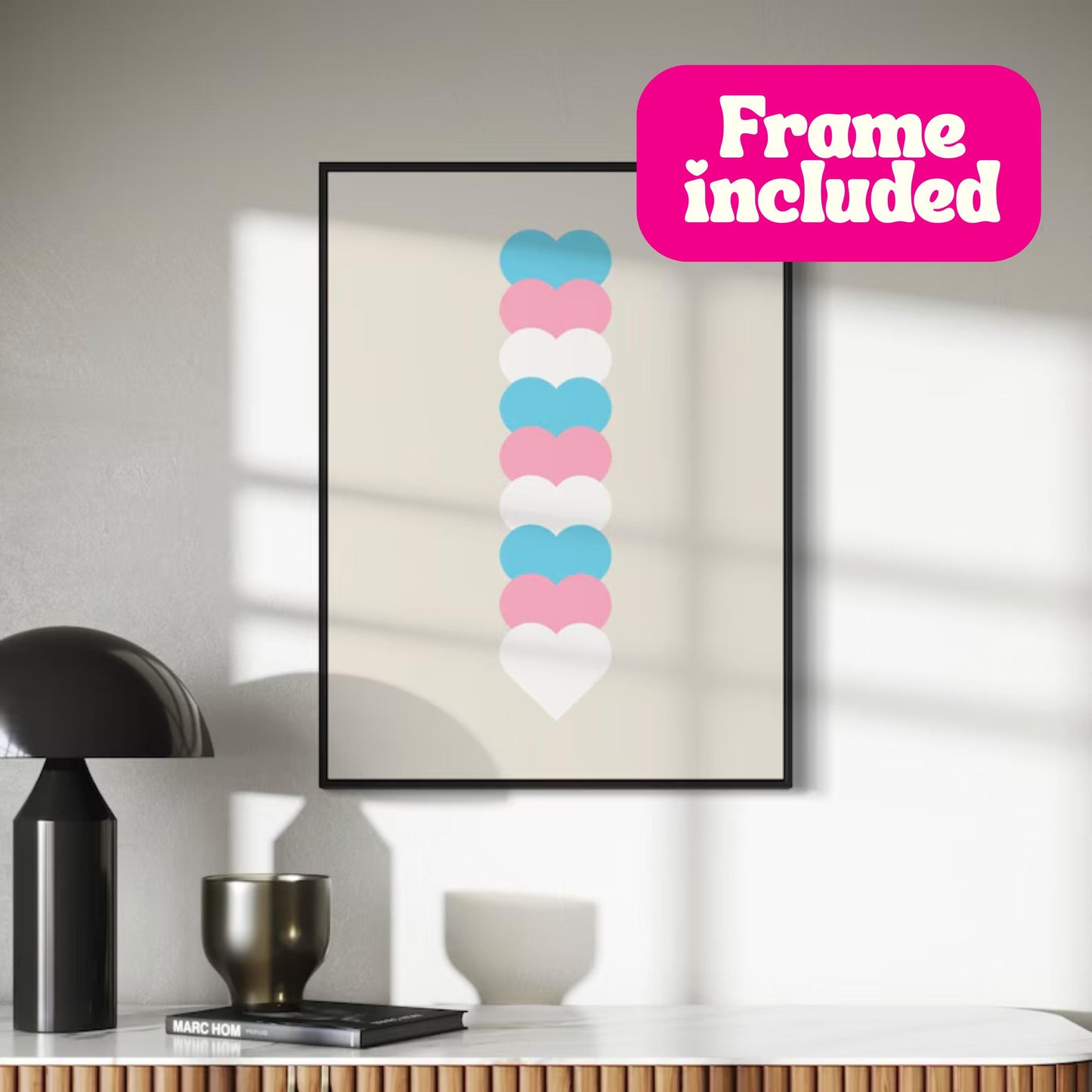 Framed Trans Flag Art Print, Trans Pride Wall Art, LGBTQ+ Decor, Transgender Pride Poster, Minimalist Trans Flag Print