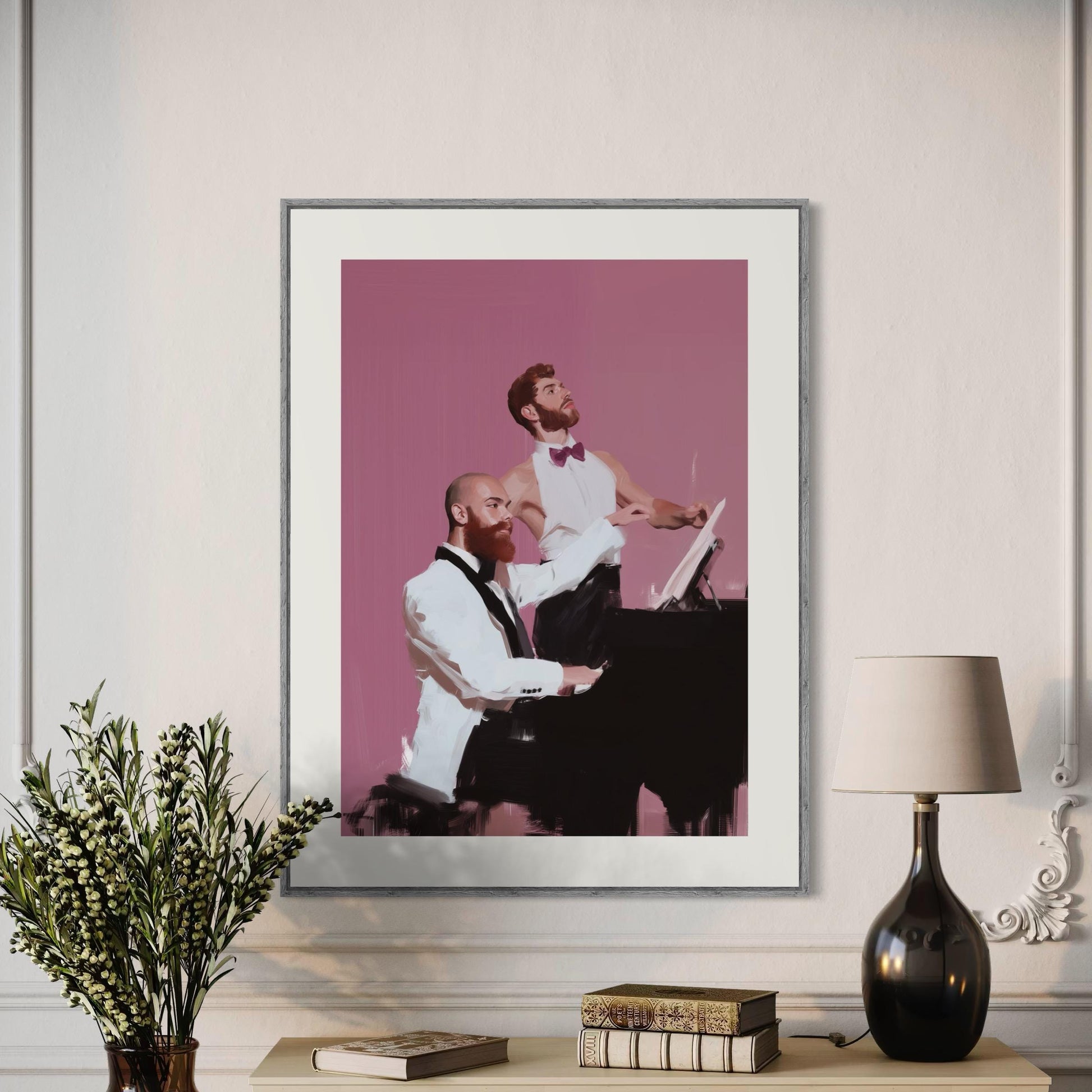 Concerto for Two Beards – Gay Couple Art Print, Bearded Men at Piano, Queer Oil Painting Style Wall Decor (Unframed)