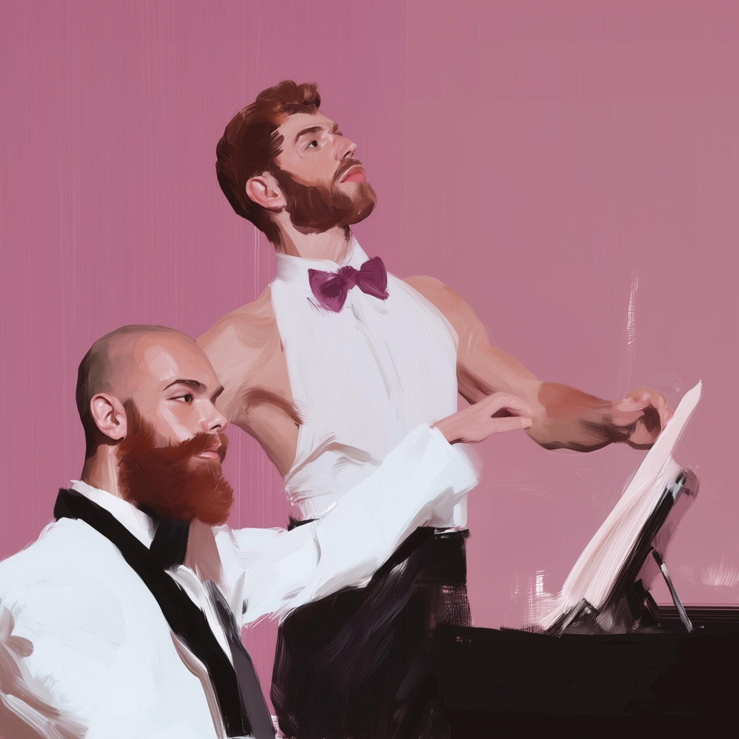 Concerto for Two Beards – Gay Couple Art Print, Bearded Men at Piano, Queer Oil Painting Style Wall Decor (Unframed)