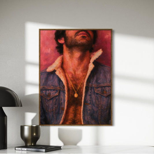 Denim Daddy - Queer Wall Art Print | Gay Oil Painting Style Portrait | Chest Hair Print | Erotic Vintage Gay Decor | LGBTQ Daddy Art Print