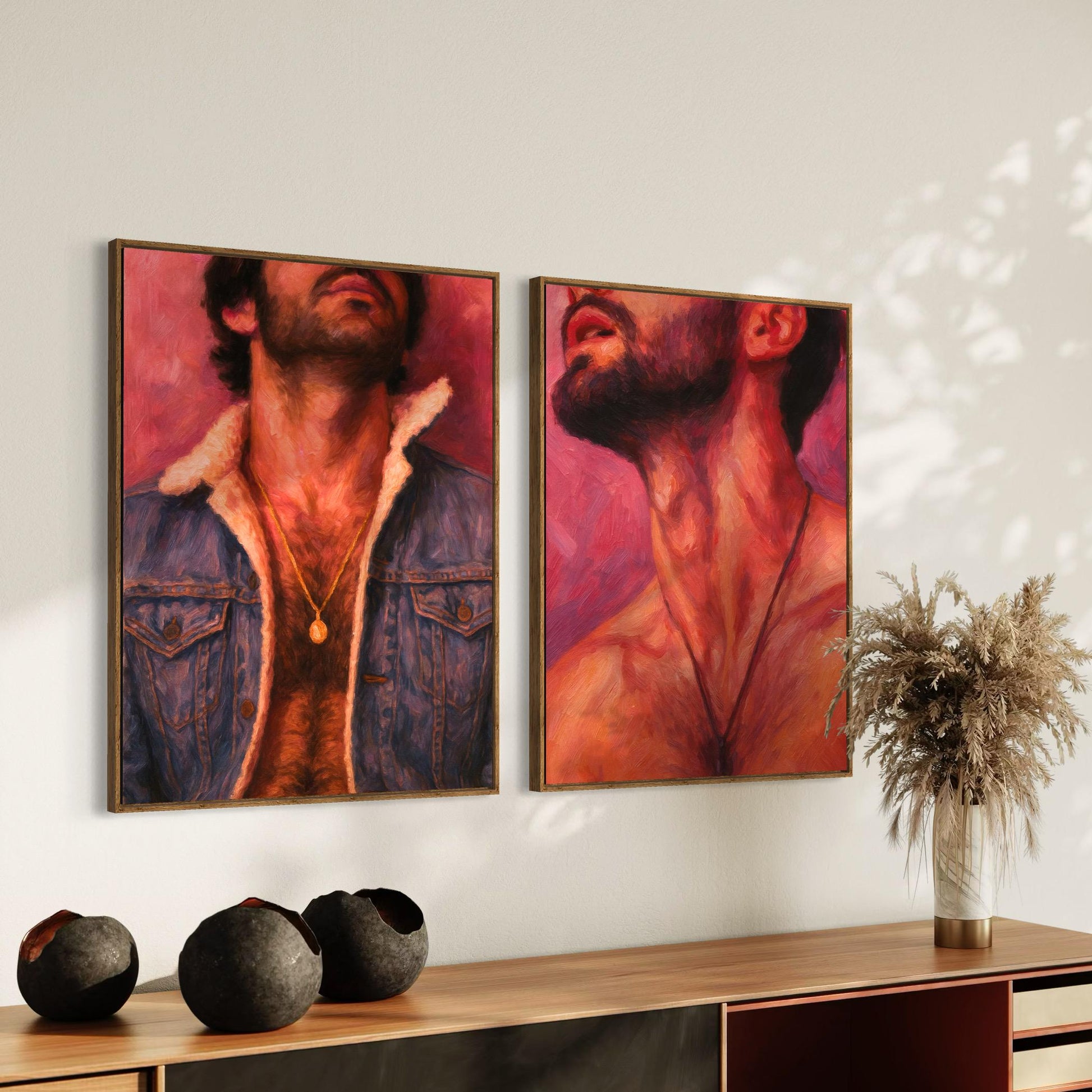 Denim Daddy - Queer Wall Art Print | Gay Oil Painting Style Portrait | Chest Hair Print | Erotic Vintage Gay Decor | LGBTQ Daddy Art Print