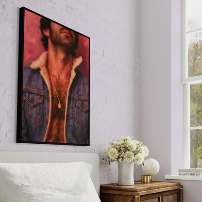 Denim Daddy - Queer Wall Art Print | Gay Oil Painting Style Portrait | Chest Hair Print | Erotic Vintage Gay Decor | LGBTQ Daddy Art Print
