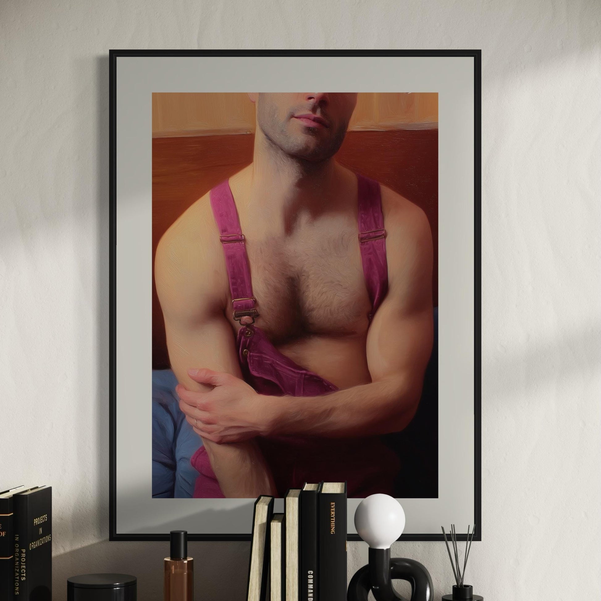 Pink Overalls, No Rules – Queer Wall Art Print | Gay Oil-Style Portrait, Unframed 200gsm Matte LGBTQ+ Decor | Soft Masculine Poster