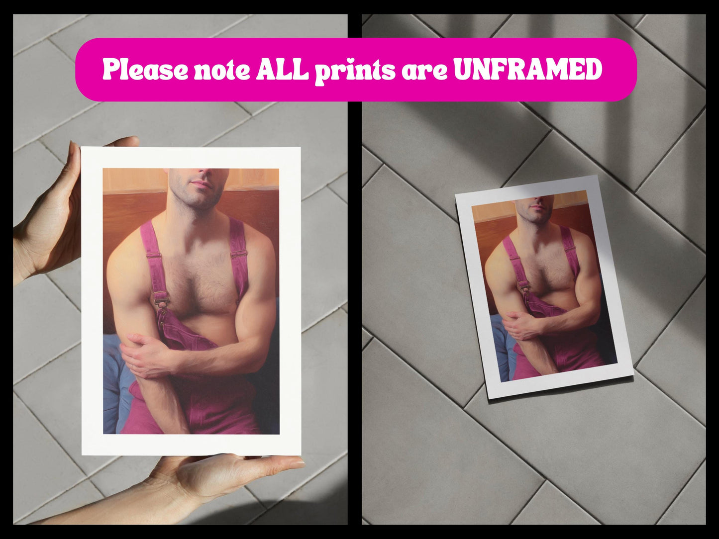 Pink Overalls, No Rules – Queer Wall Art Print | Gay Oil-Style Portrait, Unframed 200gsm Matte LGBTQ+ Decor | Soft Masculine Poster