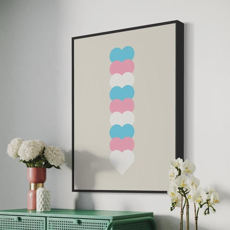 Framed Trans Flag Art Print, Trans Pride Wall Art, LGBTQ+ Decor, Transgender Pride Poster, Minimalist Trans Flag Print
