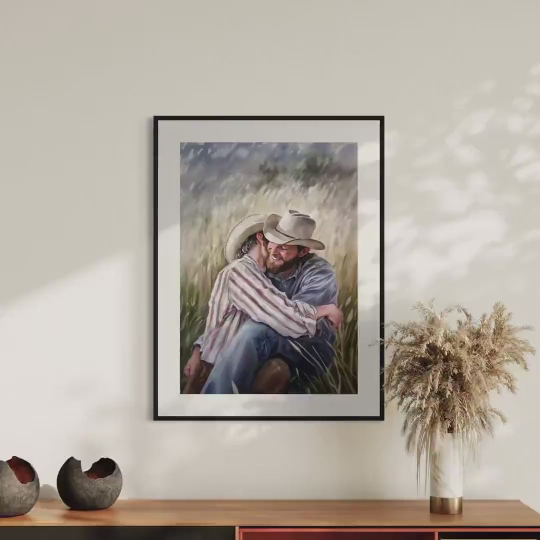 Gay Cowboy Watercolour Print – Blushin’ in the Bushes LGBTQ Wall Art | Romantic Queer Couple Artwork – Unframed Matte Print