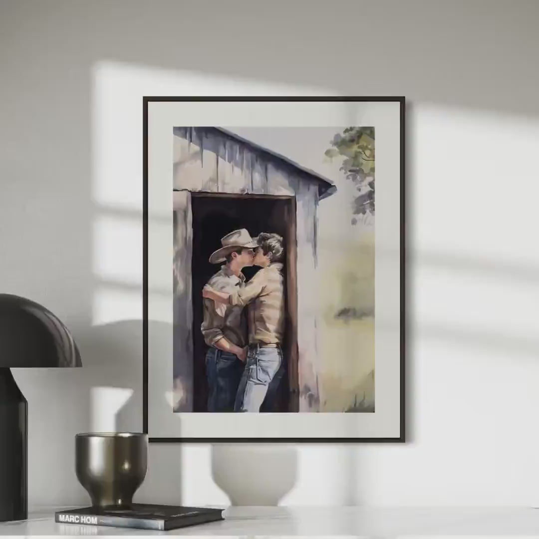 Midwest Fantasy – Queer Cowboy Watercolor Print | Romantic Western Art | Rustic LGBTQ+ Love | Gay Country Aesthetic Wall Art