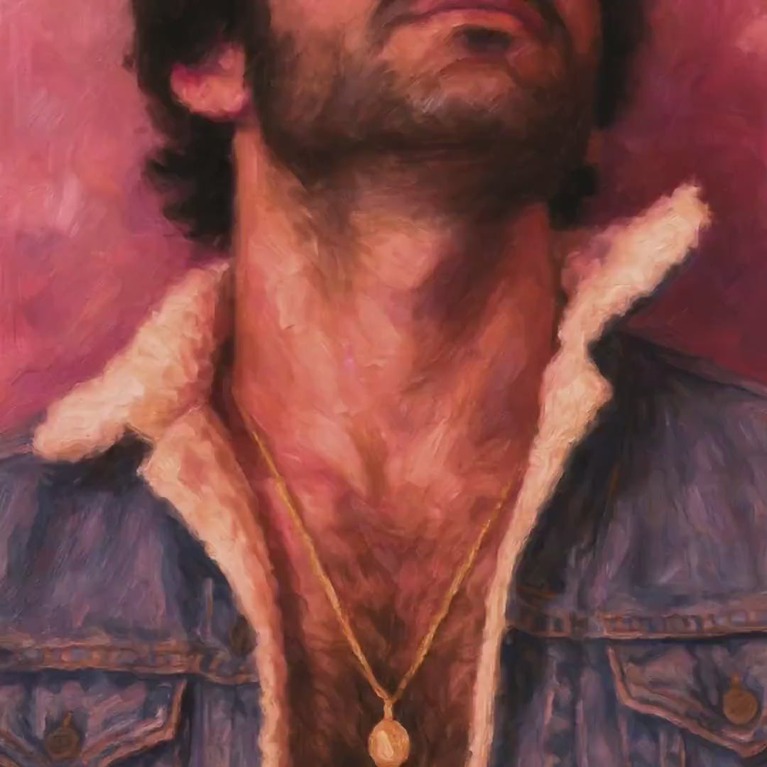 Denim Daddy - Queer Wall Art Print | Gay Oil Painting Style Portrait | Chest Hair Print | Erotic Vintage Gay Decor | LGBTQ Daddy Art Print