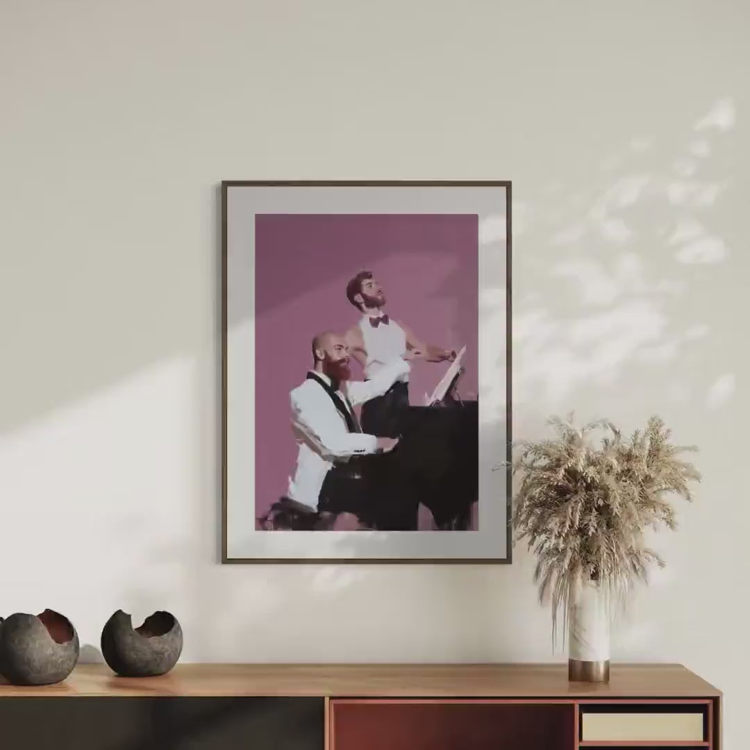 Concerto for Two Beards – Gay Couple Art Print, Bearded Men at Piano, Queer Oil Painting Style Wall Decor (Unframed)