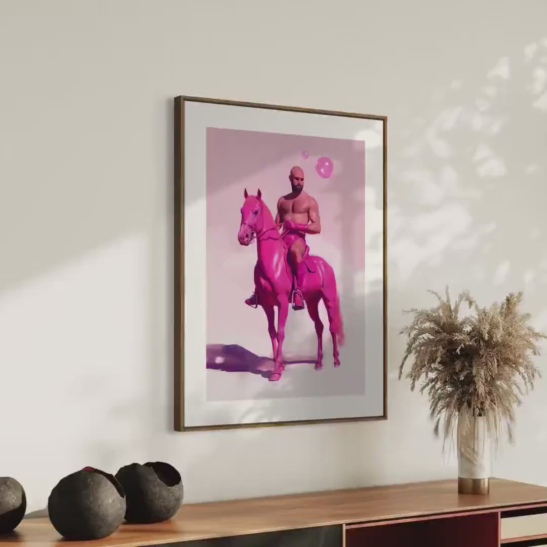 Pink Pony Fantasy – Queer Cowboy Art Print, Campy Horse Artwork, Gay Western Decor, Playful LGBTQ+ Wall Art, Bold & Flamboyant