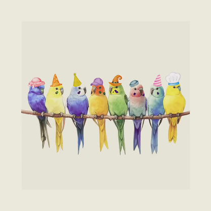 Rainbow Parakeet Party Print | Fun Bird Art with Rainbow Colours | Fun Wall Decor | Unframed Premium Paper | Perfect for Bird Lovers