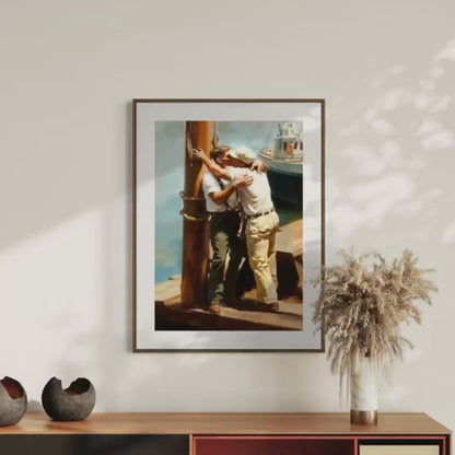Dockside Farewell Kiss – Queer Oil Painting Print | Romantic LGBTQ+ Nautical Wall Art | Premium Matte Unframed Art Print for Home Decor