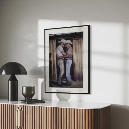 Cowboy Romance Art Print – Gay Western Wall Art, Queer Love, Rustic Barn Kiss, LGBTQ+ Home Decor, Gay Country Aesthetic