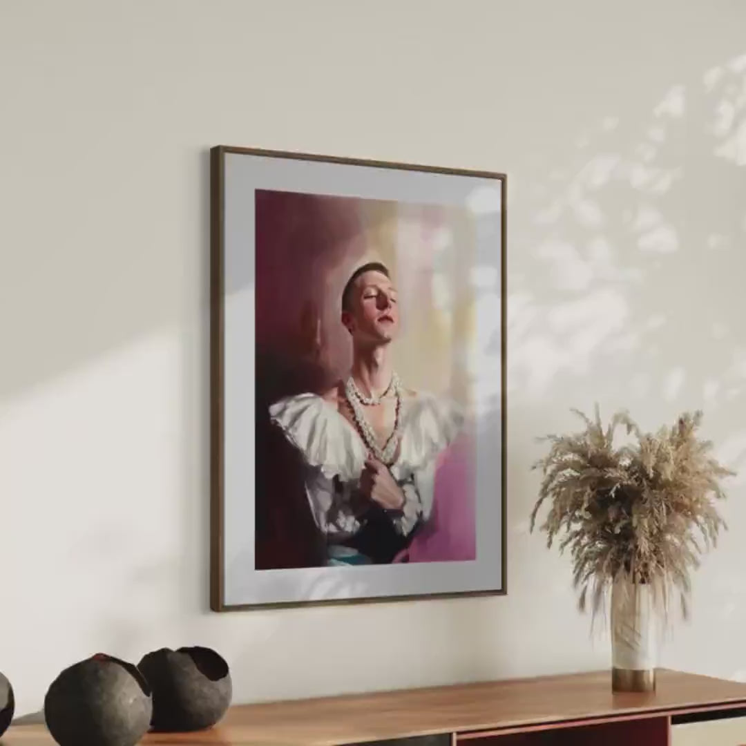 Pearl Daydream – Elegant Queer Oil Painting Print | LGBTQ+ Art | Vintage Glam Wall Art | Baroque Aesthetic | 200gsm Unframed Print