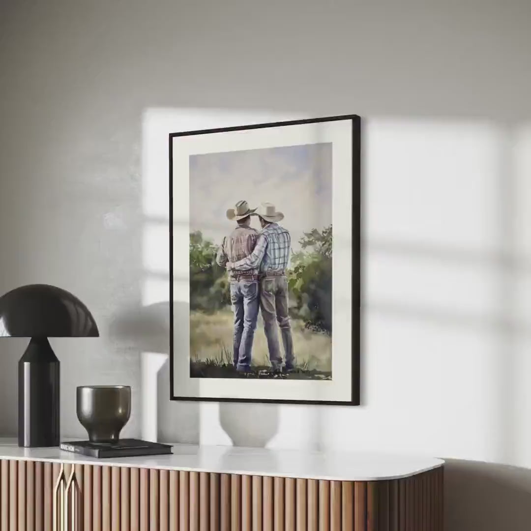 Side by Side Cowboy Gay Art Print – Romantic Western LGBTQ Wall Art, Rustic Country Decor, Gay Couple Love Painting, Queer Lovers Print