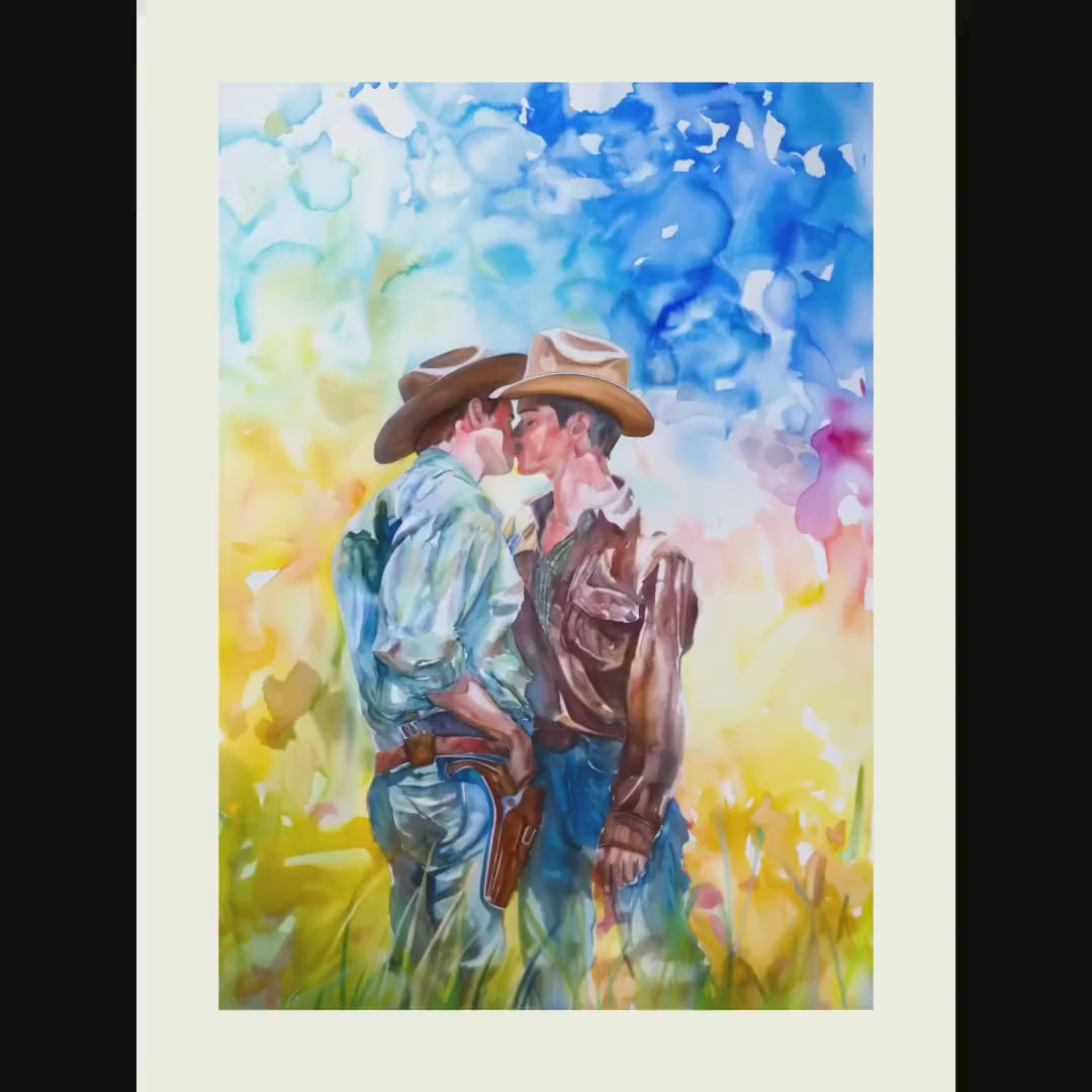 Love in the Open Range Art Print | LGBTQ+ Cowboy Romance | Unframed Watercolour Print on Premium Matte Paper | Western Pride Decor