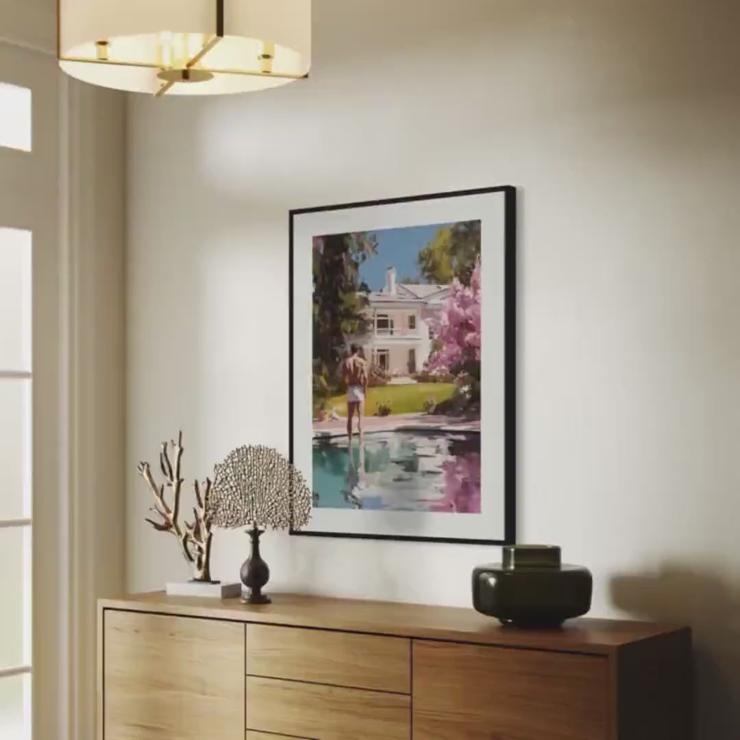 Reflections of Desire – LGBTQ+ Oil Painting Print | Gay Art Print | Queer Luxury Aesthetic | Poolside Elegance | 200gsm Unframed Print