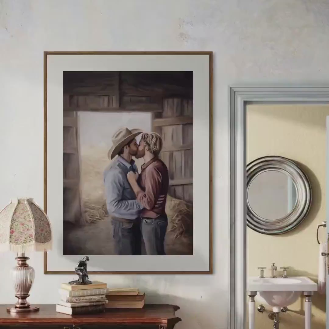 Kisses Behind the Haybale LGBTQ Art | Gay Cowboy Watercolour Print | Queer Country Romance Print – Unframed Matte Western Decor