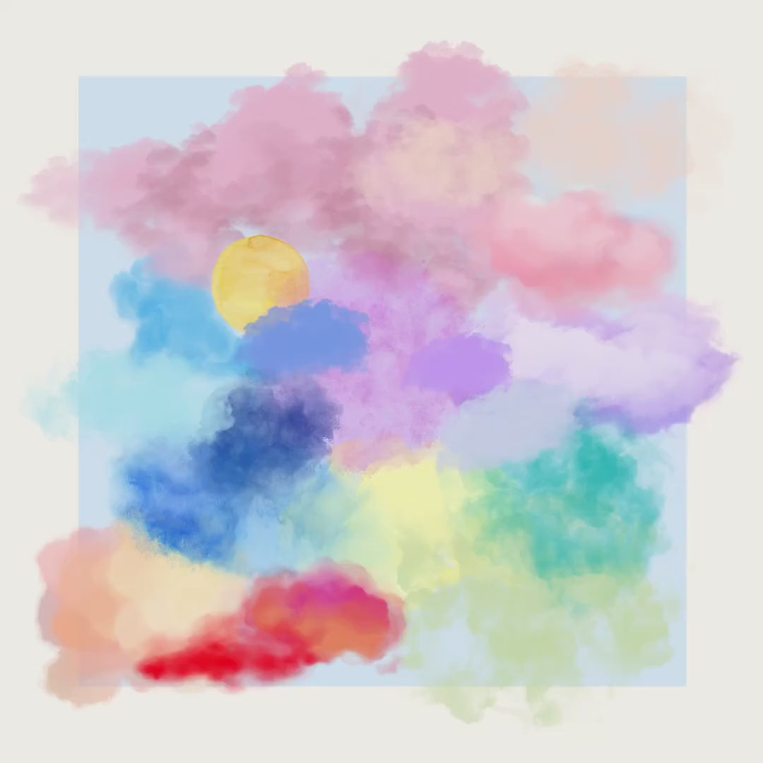 Dreamy Pastel Cloud Art Print | Watercolour Rainbow Clouds with Sun | Peaceful Wall Decor | Unframed Premium Matte Print for Home & Office
