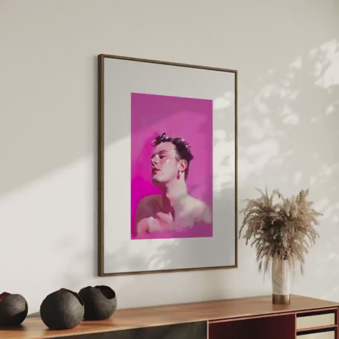 Gay With a Pearl Earring – Queer Portrait Print, Bold Pink Wall Art, Premium Matte Paper Unframed LGBTQ+ Decor