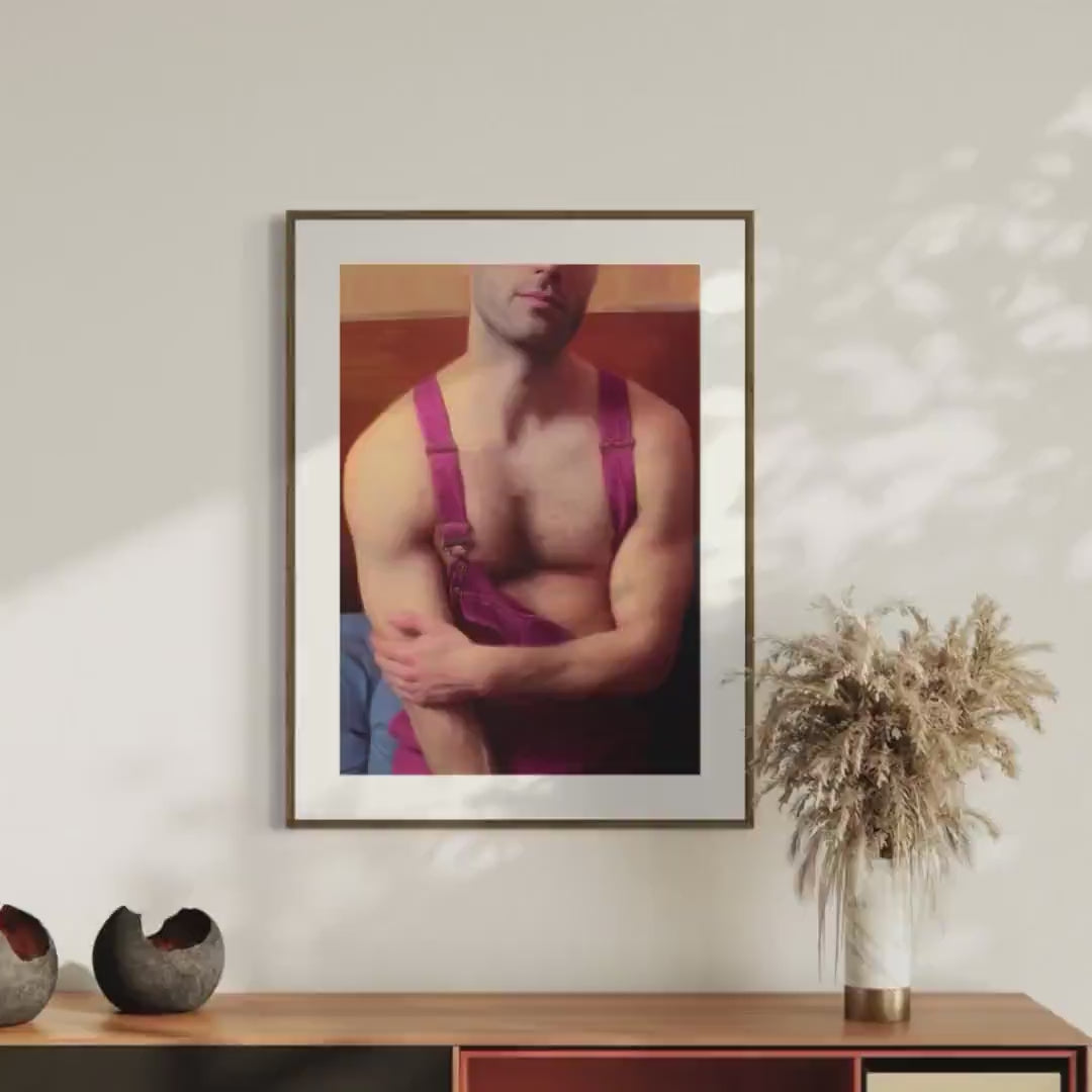 Pink Overalls, No Rules – Queer Wall Art Print | Gay Oil-Style Portrait, Unframed 200gsm Matte LGBTQ+ Decor | Soft Masculine Poster