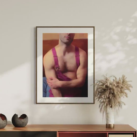 Pink Overalls, No Rules – Queer Wall Art Print | Gay Oil-Style Portrait, Unframed 200gsm Matte LGBTQ+ Decor | Soft Masculine Poster